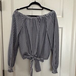 Sanctuary Navy & White Gingham Off-Shoulder Tie-Front Top